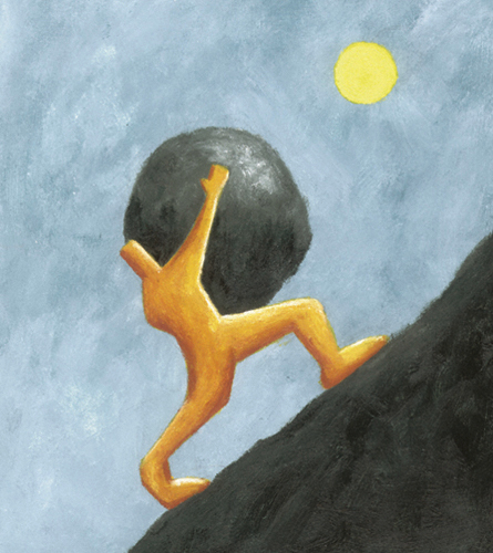 Cartoon: Sisyphus 1 (medium) by Davor tagged sisyphos,anstrengung,philosophy,rock,hill,mountain,up,effort