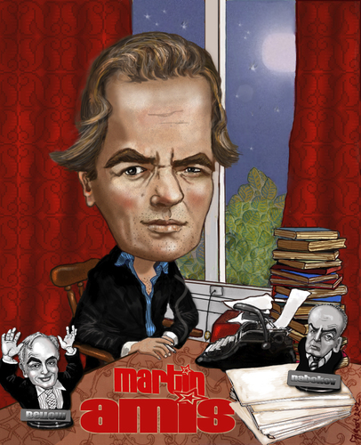 Cartoon: Martin Amis (medium) by frostyhut tagged curtains,moon,books,nabokov,bellow,typewriter,novelist,author,english,amis,martin