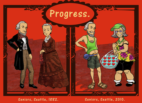 Cartoon: Progress (medium) by frostyhut tagged clothes,historical,vintage,seniors,nineteenthcentury,reticule,tourists,shorts,sandals,socks,fannypack,visor