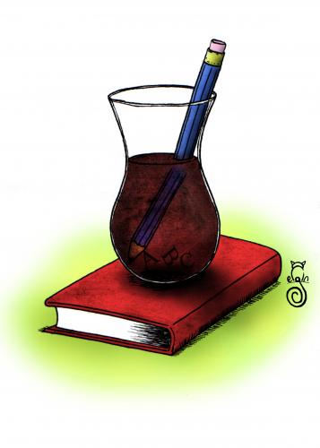 Cartoon: A cup of tea (medium) by MelgiN tagged tea,cup,book,pencil,cartoon