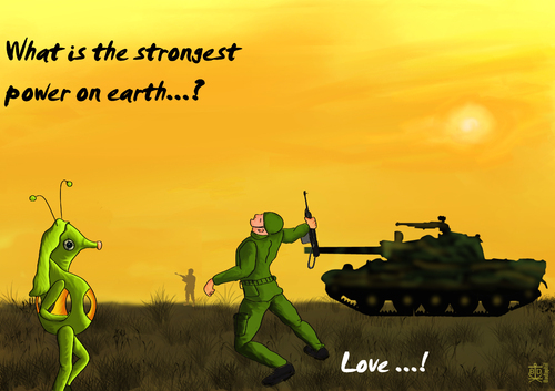 Cartoon: Humanity - Aliens 3 (medium) by Dadaphil tagged alien,spaceship,ausserirdischer,raumschiff,war,krieg,love,liebe,tank,panzer,soldier,soldat,dadaphil