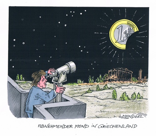 Cartoon: Abnehmender Mond Griechenland (medium) by mandzel tagged euro,griechenland,merkel,abnehmender,mond,euro,griechenland,merkel,eu