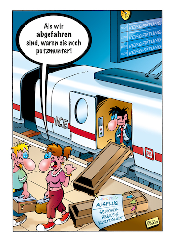 Cartoon: Putzmunter (medium) by stefanbayer tagged bahn,deutschebahn,db,verspätung,bahnhof,putzmunter,senioren,ausflug,sarg,ice,mobilität,zeit,bay,stefanbayer