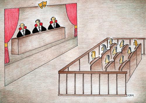 Cartoon: court theatre (medium) by cemkoc tagged judicial,judge,justice,ko,cem,karikatürleri,hukuk,cartoons,law,theatre,court,judgement,tribunal,supreme,lex,jurisdiction,legal,gesetz,richter,adalet,hakim,mahkeme,robe,wig,defendant,prosecutor,koc,magistrate,judgeship