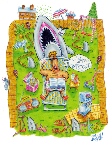 Cartoon: Lawn Sharks (medium) by mikess tagged sharks,yard,jaws,shark,attack,backyard,reading,blood,cut,books,paper,lawn,chairs,furniture,cats,neighbors