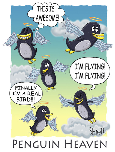 Cartoon: Penguin Heaven (medium) by mikess tagged ice,snow,south,pole,penquins,aquatic,birds,flightless,antact,antarctica,antarctic,freezing,cold,water,death,heaven,flying,angels,wings,god,christianity,halo