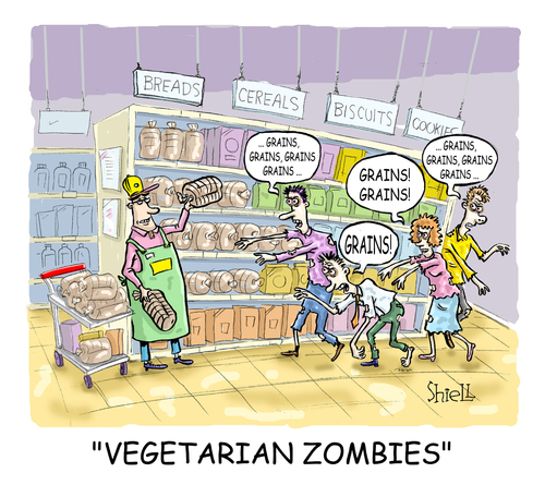 Cartoon: Vegetarian Zombies (medium) by mikess tagged vegetarians,vegetables,groceries,grocery,store,shopping,restock,clerk,health,food,zombies,living,dead,night,of,the,bread,grains,cereal,isle,cookies,walking
