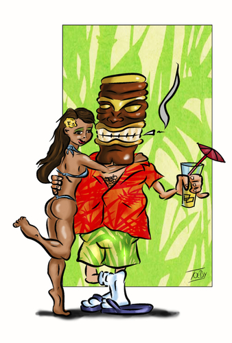 Cartoon: Tiki-Dude (medium) by Toeby tagged tiki,hawaii,bikini,mädchen,girl,cocktail,strand,sommer,beach,summer,toeby