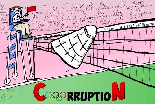 Cartoon: CorruptioN at the Olympic Games (medium) by laughzilla tagged china,indonesia,korea,badminton,london,olympic,olympics,2012,games,caricature,editorial,cartoon,satire,parody,laughzilla,thedailydose,sports,corruption,corrupt