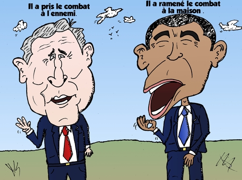Cartoon: Bush et Obama caricature (medium) by BinaryOptions tagged option,binaire,options,binaires,optionsclick,barack,obama,george,bush,president,guerre,politiques,terreur,terrorisme,news,infos,nouvelles,actualites,caricature,comique,comic,webcomic