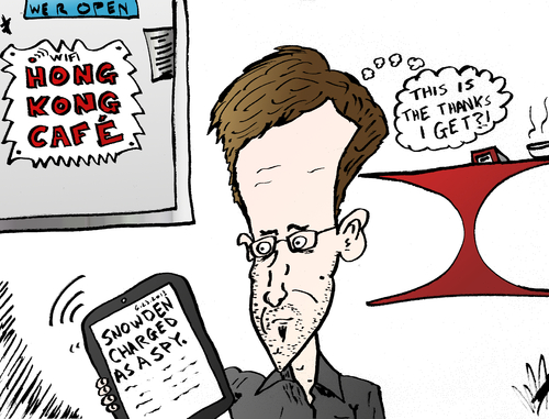 Cartoon: Edward Snowden cartoon (medium) by BinaryOptions tagged snowden,china,usa,united,states,espionage,spy,spying,nsa,security,politics,political,editorial,news,optionsclick,options,binary,option,trade,trader,accused,scandal,international,caricature,comic,webcomic,cartoon