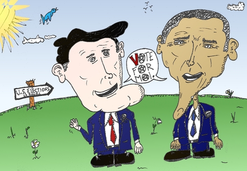 Cartoon: Mitt Romney and Barack Obama (medium) by BinaryOptions tagged mitt,romney,candidate,president,barack,obama,politics,political,caricature,editorial,comic,cartoon,optionsclick,binary,options,trader,option,trading,trade,news,satire
