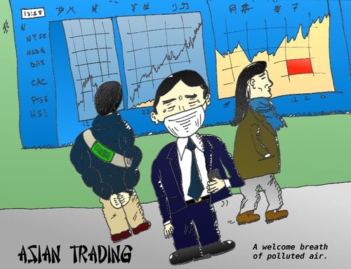 Cartoon: Polluted air Asian trading comic (medium) by BinaryOptions tagged optionsclick,options,binary,option,trader,trade,trading,markets,capital,news,caricature,comic,webcomic,mask,facemask,asia,asian,air,pollution,financial,editorial,business