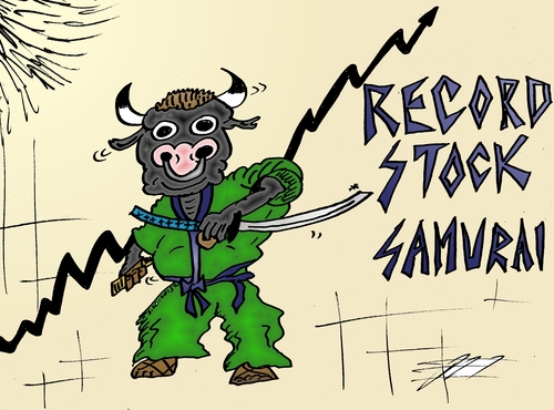 Cartoon: Record Stock Samurai (medium) by BinaryOptions tagged optionsclick,option,binaire,options,binaires,taureau,samurai,hausse,record,stock,actif,action,asie,asiatique,art,caricature,comique,webcomic,financier,affaire,news,infos,actualites,nouvelles,trader,trading,investir,investissement