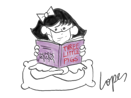 Cartoon: Swine Flu (medium) by Lopes tagged swine,flu,three,pigs,girl,book,fairy,tale,reading,protection,mask,schweinegrippe