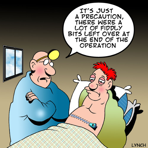 Cartoon: fiddly bits (medium) by toons tagged malpractice,medical,accident,doctor,surgeon,anesthetist,nurse,hospital,patient,zippers,stitches,instruments