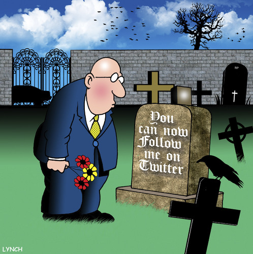 Cartoon: follow me (medium) by toons tagged twitter,facebook,social,networks,email,text,mobile,phone,gravesite,cemetary,death,afterlife