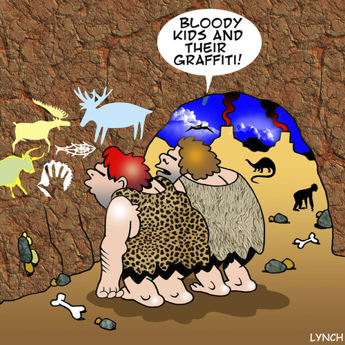 Cartoon: graffiti (medium) by toons tagged graffiti,caveman,prehistoric,cave,art,wall,paintings,dinosaurs,ice,age,stone,animals,steinzeit