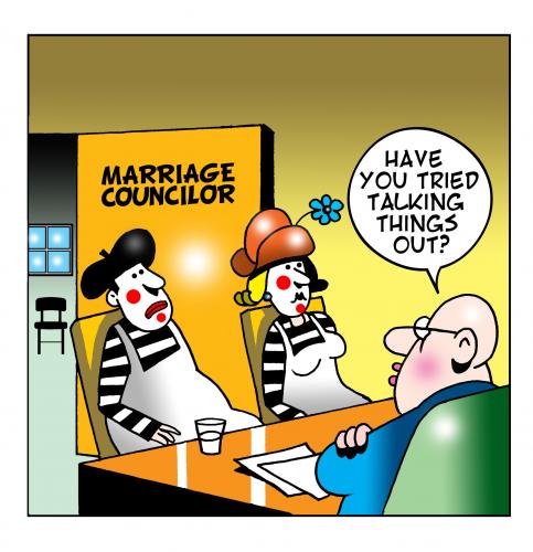 Cartoon: mime marriage (medium) by toons tagged marriage,councilor,mimes,performance,theartre,relationships,street,performer,love,divorce