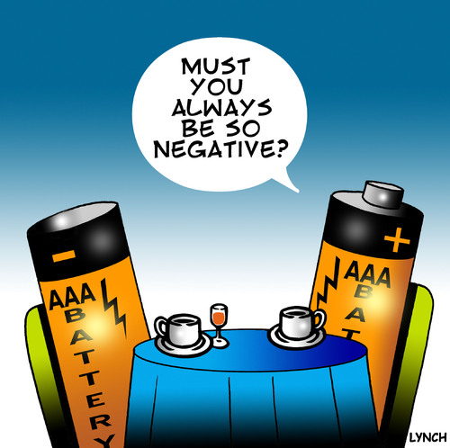 Cartoon: Negative (medium) by toons tagged batteries,negative,positive,depression,pessimism,optimistic,black,dog,bipolar,relationships,clinically,depressed