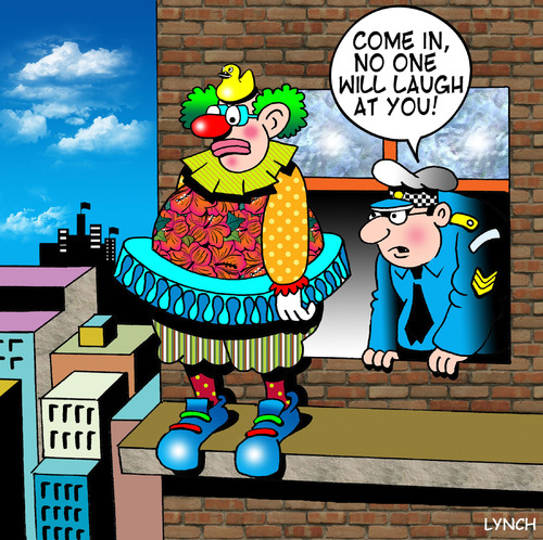 Cartoon: no one will laugh (medium) by toons tagged clowns,circus,suicide,bungy,jumping,police,laughing,crowd,control,negotiator,conflict,response,mediator