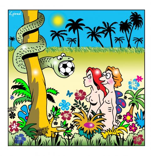 Cartoon: snake ball (medium) by toons tagged adam,and,eve,football,soccer,ball,garden,of,eden,bible,stories,snakes,god