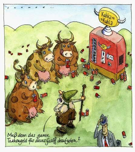 Cartoon: GetränkeAutomat (medium) by schwoe tagged cola,erfrischung,getränk,automat,kuh,taschengeld,durst,hitze,alm