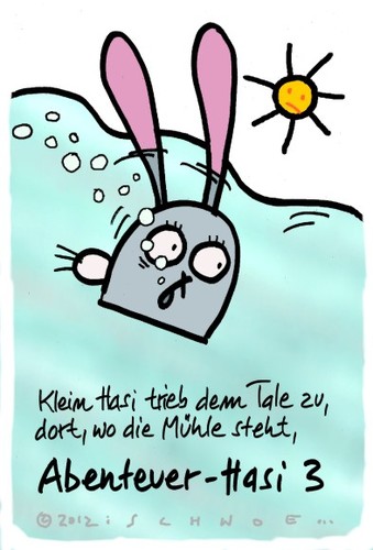 Cartoon: Hasi 61 (medium) by schwoe tagged hasi,hase,abenteuer,bach,mühle,strömung,gefahr,seenot