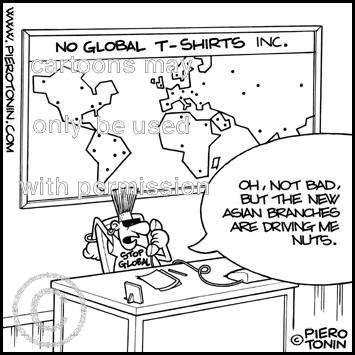 Cartoon: Globalization (medium) by Piero Tonin tagged globalization,tshirts,tshirt,business,businessman,businessmen,manager,managers,hypocrisy,third,world,poor,rich,no,global
