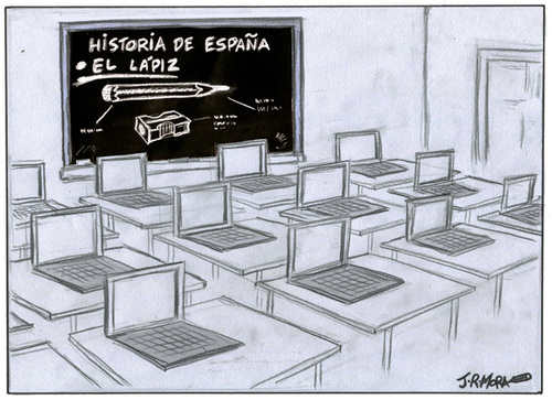 Cartoon: Historia en la escuela digital (medium) by jrmora tagged 20,escuela,digital,ordenadores,portatiles,educacion