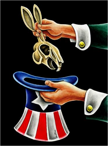 Cartoon: Economic Crisis in the US (medium) by BenHeine tagged economic,crisis,us,financial,economie,finances,recession,breakdown,magician,magic,ben,heine,rabbit,lappin,bones,skull,death,hat,imperialism,crise,os,crane,fin,end,rebirth,smart,poor,poverty,european,unions,global,eplod,subprimes,credit,united,states