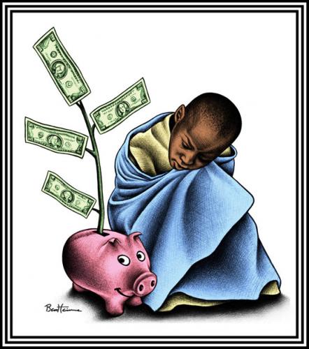 Cartoon: The Poorest of the Poor (medium) by BenHeine tagged humancondition,poverty,africa,dollars,sparepig,cochonepargne,poorestofthepoor,millennium,development,goals,pauvres,developpement,sud,globalsouth,pauvrete,argent,sad,economy,black,jama,mjfriedrich,jeffreysachs,benheine,,the