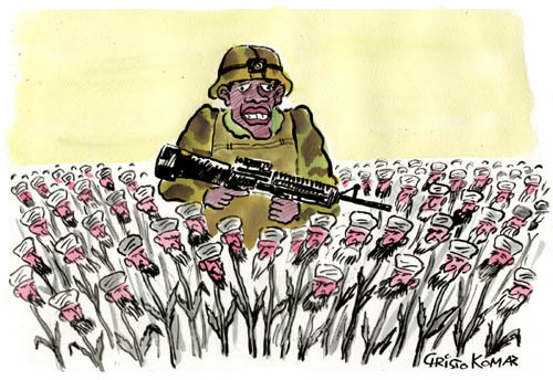 Cartoon: Obama in the taliban poppy field (medium) by Christo Komarnitski tagged afghanistan,war,terror,usa
