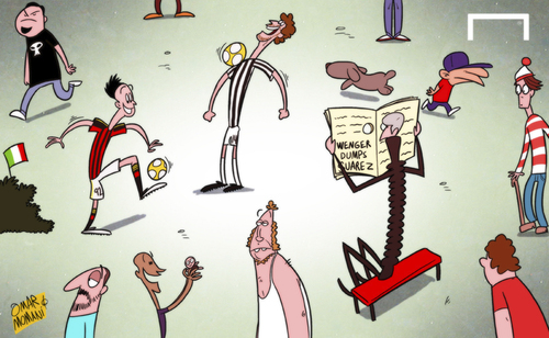 Cartoon: Arsenal keep tabs on Italy (medium) by omomani tagged ac,milan,arsenal,juventus,llorente,stephan,el,shaarawy,wenger