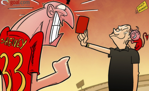 Cartoon: Shelvey red with rage (medium) by omomani tagged devil,ferguson,jonjo,shelvey,liverpool,manchester,united,mark,halsey,premier,league,red,card,referee