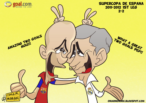 Cartoon: Supercopa de Espana 1st leg (medium) by omomani tagged mourinho,guardiola,real,madrid,supercopa,de,espana,barcelona,spain,portugal,la,liga