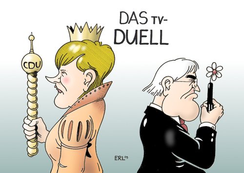 Cartoon: Das TV-Duell (medium) by Erl tagged tv,duell,merkel,steinmeier,cdu,spd,große,koalition,angela merkel,frank walter steinmeier,duell,tv,große koalition,cdu,spd,2009,bundestagswahl,wahl,wahlen,angela,merkel,frank,walter,steinmeier,große,koalition