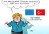 Cartoon: EU Türkei (small) by Erl tagged europa,eu,flüchtlinge,zahlen,reduzierung,hilfe,türkei,pressefreiheit,demokratie,einschränkung,bekämpfung,kurden,präsident,erdogan,kleineres,übel,wahl,pest,cholera,bundeskanzlerin,angela,merkel,karikatur,erl