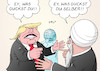 Cartoon: USA Iran (small) by Erl tagged politik,atomabkommen,vertrag,atomwaffen,iran,ausstieg,usa,präsident,donald,trump,gegenreaktion,säbelrasseln,drohgebärden,angst,erde,karikatur,erl