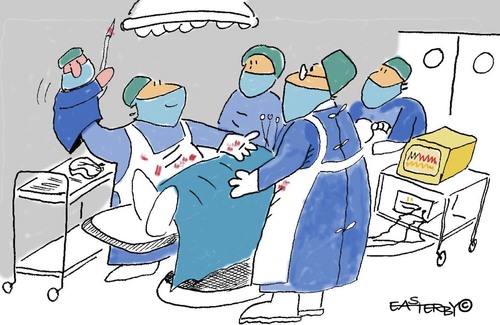 Cartoon: Glove Puppets Operates (medium) by EASTERBY tagged glovepuppets,toys,fun,gesundheit,arzt,krankenhaus,patient,operation