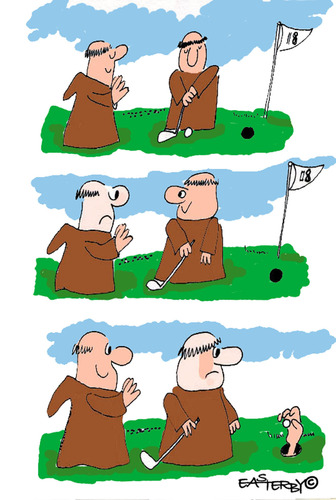 Cartoon: HOLY ORDERS 5 (medium) by EASTERBY tagged monks,halos,praying,golf