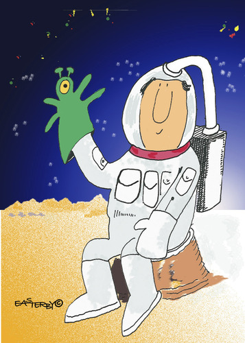 Cartoon: Spaceman with glovepuppet (medium) by EASTERBY tagged spaceman,glovepuppet,toys