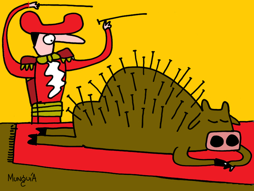 Cartoon: acupuncture (medium) by Munguia tagged acupuncture,bull,bullfight,bullfighter,nails,red