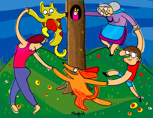 Cartoon: around the tree (medium) by Munguia tagged dance,matisse,danza,cat,dog,women,old,lady,kid,dancing,around,the,tree