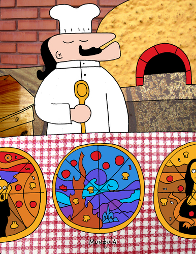 Cartoon: culinary arts (medium) by Munguia tagged pizzapitch,oven,chef,kitchen,cook,art,paintings,van,gogh,starry,night,mona,lisa,da,vinci,scream,munch,munguia,cartoon,pizza,food,artist