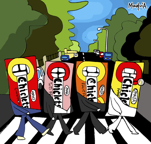 Cartoon: The Chiclets (medium) by Munguia tagged abbey,road,the,beatles,cliclets,adams,bubble,gum,goma,de,mascar,mind,parody,cover,album,calcamunguias