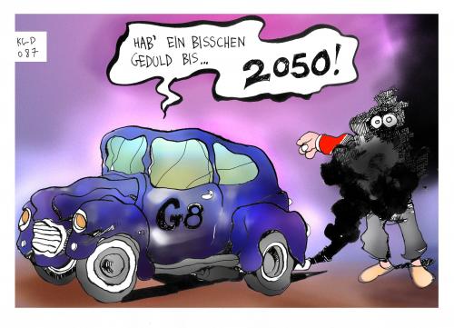 Cartoon: Nur noch ein wenig Geduld! (medium) by Kostas Koufogiorgos tagged klima,schutz,co2,usa,bush,frankreich,deutschland,grossbritanien,japan,russland,italien,kanada,atomkraft,merkel,kostas,koufogiorgos,g8,g8 gipfel,gipfel,treffen,umweltverschmutzung,umwelt,klima,klimaschutz,erderwärmung,luft,luftverschmutzung,gas,schutz,abgas,dreck,co2,industriestaat,industriestaaten,usa,frankreich,deutschland,großbritannien,japan,russland,italien,kanada,atomkraft,entscheidung,lösung,ergebnis,auto,2050