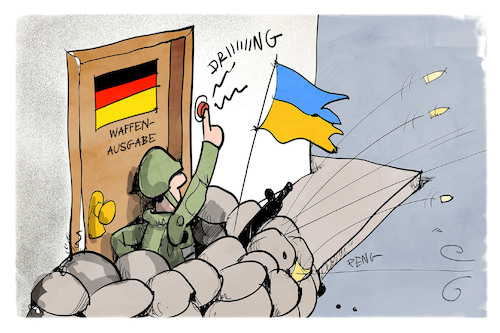 Cartoon: Waffen für die Ukraine (medium) by Kostas Koufogiorgos tagged karikatur,koufogiorgos,waffen,ukraine,deutschland,soldat,beschuss,feuer,karikatur,koufogiorgos,waffen,ukraine,deutschland,soldat,beschuss,feuer