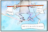 Cartoon: Öffnung vs. 3. Welle (small) by Kostas Koufogiorgos tagged karikatur,koufogiorgos,illustration,cartoon,balance,seiltanz,welle,öffnung,lockerung,corona,pandemie,netz,sicherheit