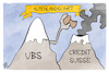 Cartoon: UBS übernimmt Credit Suisse (small) by Kostas Koufogiorgos tagged karikatur,koufogiorgos,alpen,berg,ubs,credit,suisse,vulkan
